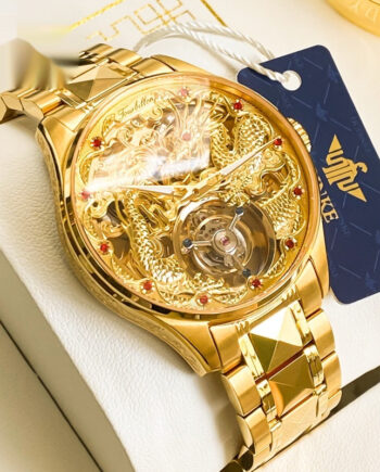 Mens Water-Resistant Mechanical Watch With Hollowed-Out Design And Steel Strap